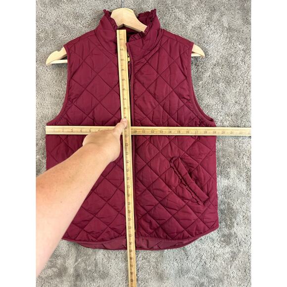 J. Crew Mercantile Quilted Ruffle Trim Burgundy Puffer Vest M Medium - Picture 10 of 11